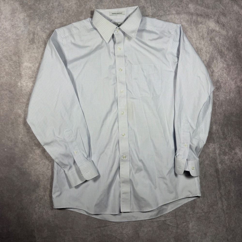 LL Bean Mens 15.5 33 Blue White Micro Check Wrinkle Resistant Cotton Shirt Prep